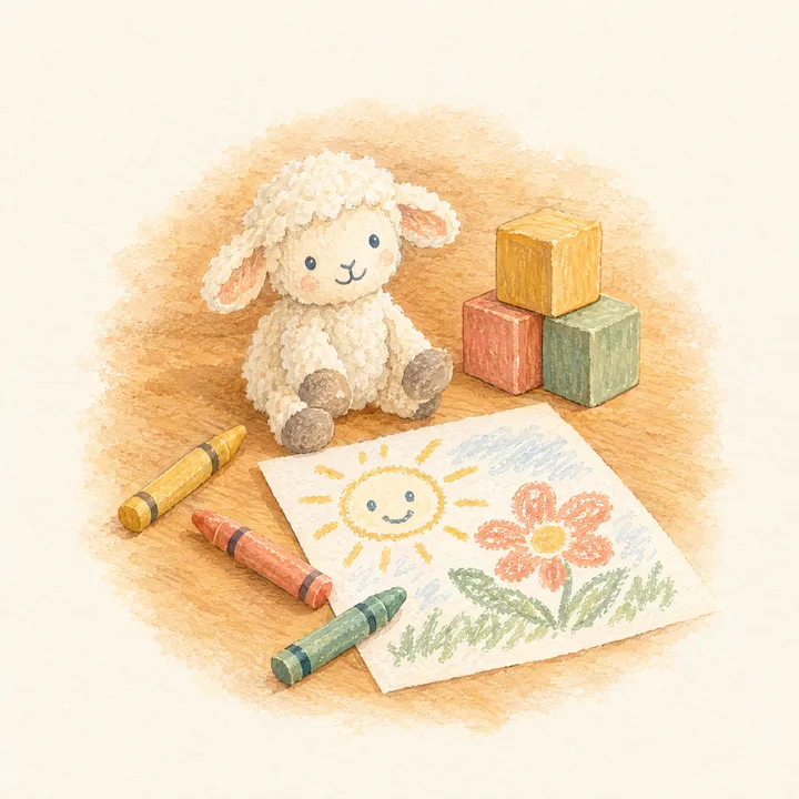 A felt toy lamb, wooden blocks, crayons and a sun coloring page