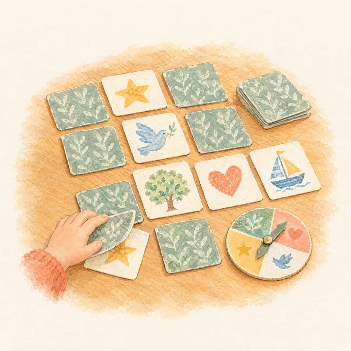 A matching card game with pictures of a star, a dove, a tree and a heart