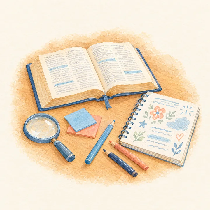 Open scriptures with highlighted verses, a magnifying glass, colored pencils and a study journal