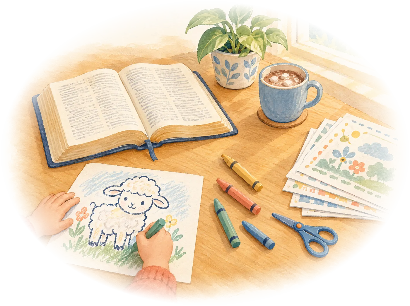 A child's hands coloring a lamb picture beside open scriptures, crayons and printed lesson pages