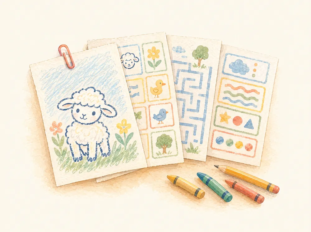 A fanned stack of printed lesson pages: a lamb coloring page, matching cards, a maze and activity boxes