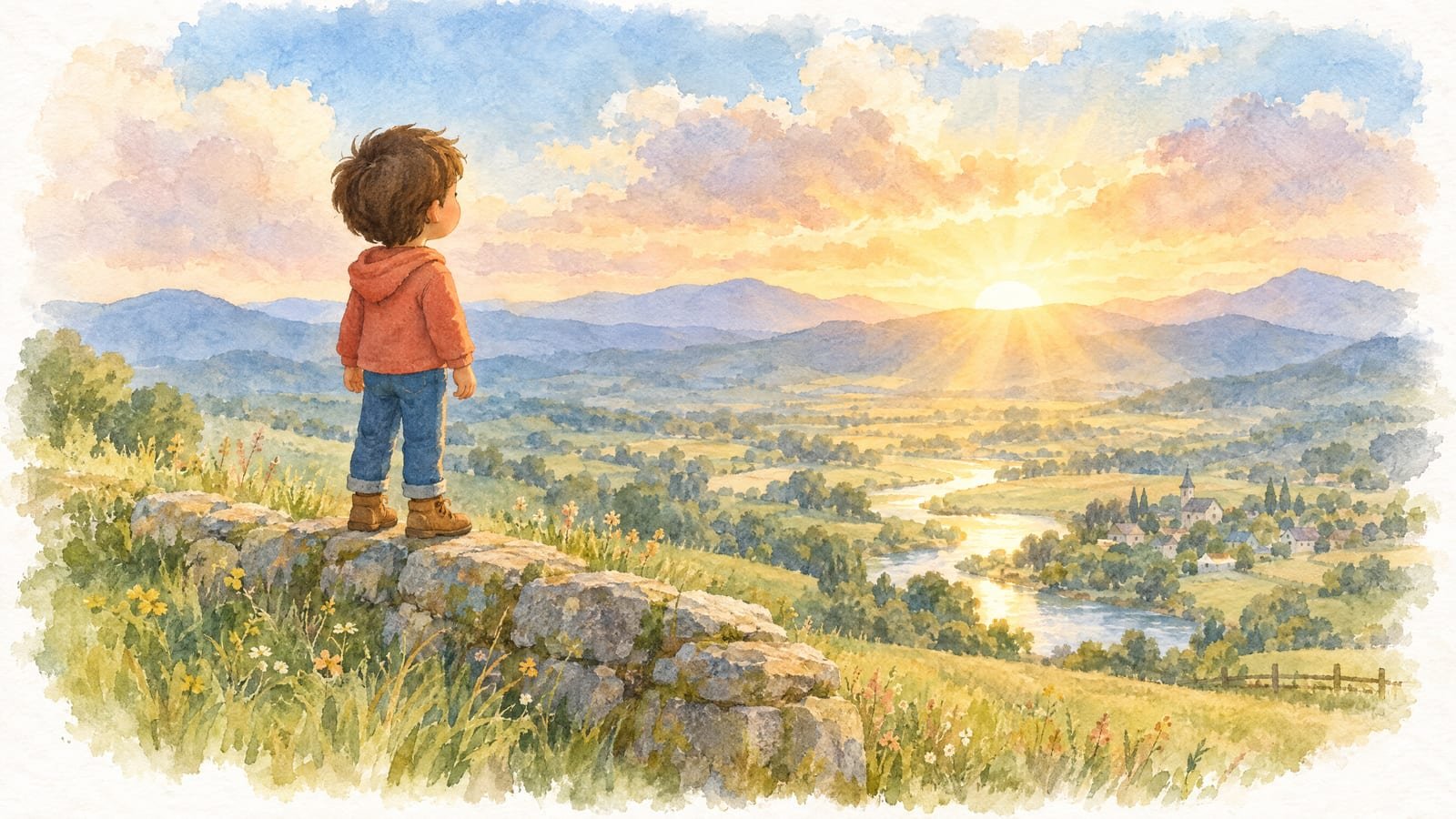 An illustrated child standing on a stone wall on a hilltop at sunrise, looking out as golden light breaks through the clouds